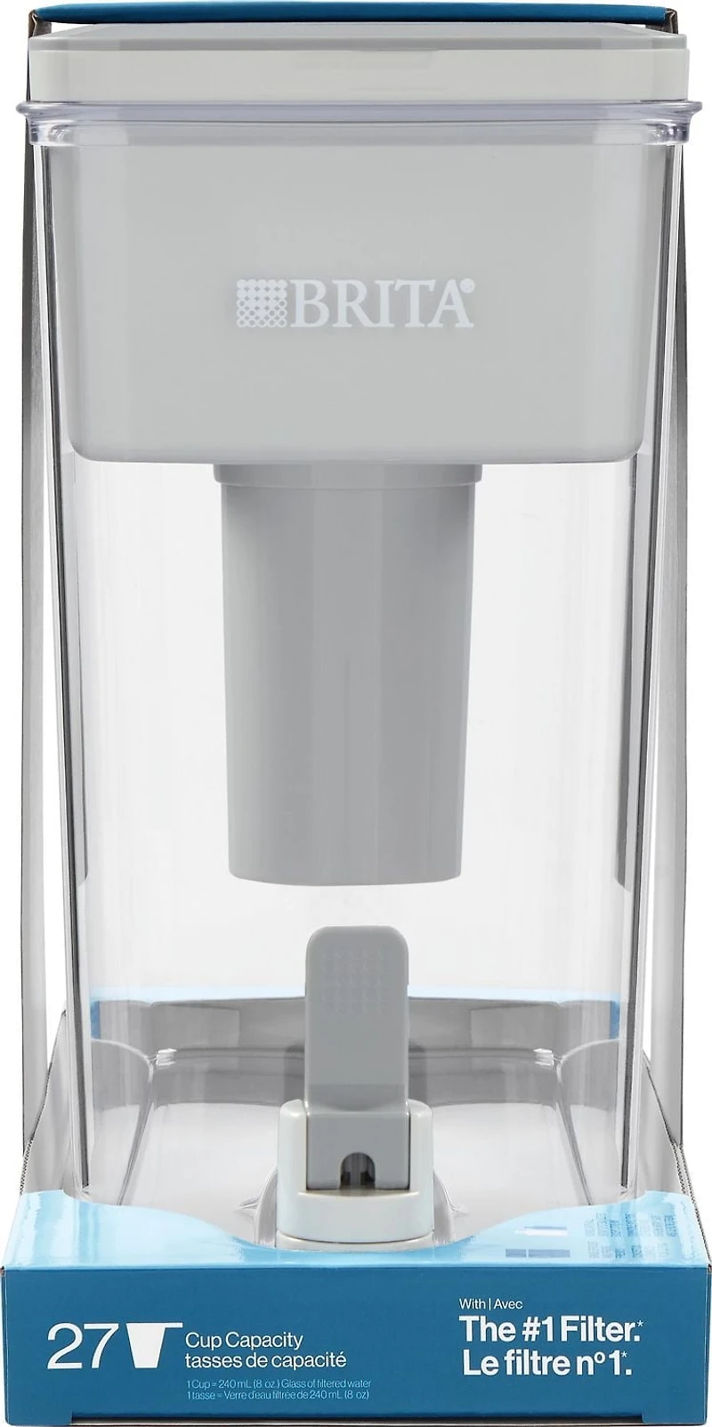Distributeur de filtration d’eau Brita d’une capacité de 27 tasses, réduit le goût et l’odeur de chlore dans l’eau du robinet, filtre pouvant traiter 151 L, modèle Ultramax gris