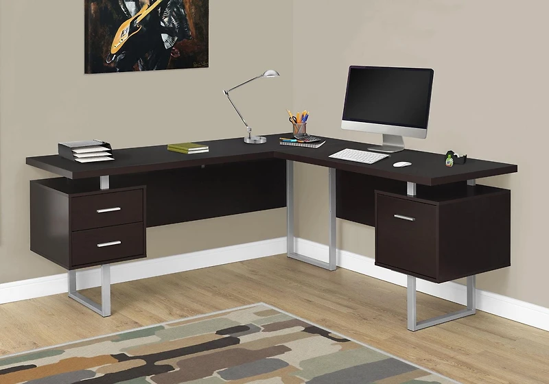 Monarch Specialties Bureau, Bureau À Domicile, Coin, Configuration Gauche, Droite, Tiroirs De Rangement, 70"l, Forme De L, Travail, Ordinateur Portable, Métal, Stratifié, Brun, Gris, Contemporain, Mod