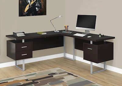 Monarch Specialties Bureau, Bureau À Domicile, Coin, Configuration Gauche, Droite, Tiroirs De Rangement, 70"l, Forme De L, Travail, Ordinateur Portable, Métal, Stratifié, Brun, Gris, Contemporain, Mod