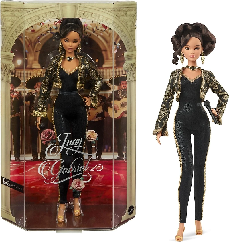 Poupée Barbie Signature, Juan Gabriel de collection vêtue d’une tenue chic noir et or avec veste courte et accessoires dorés