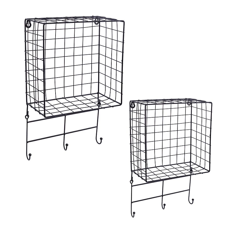Truu Design, Grid Floating Wall Shelves with Hooks, Set of 2