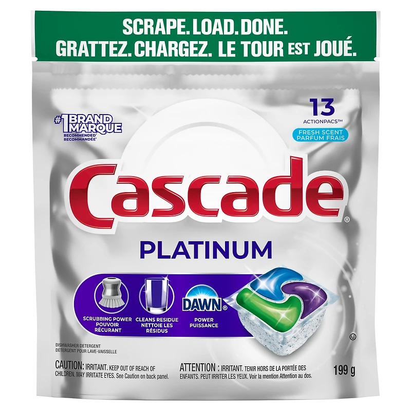 Capsules pour lave-vaisselle Cascade Platinum, détergent pour lave-vaisselle, savon détergent pour vaisselle, parfum Frais 13CT