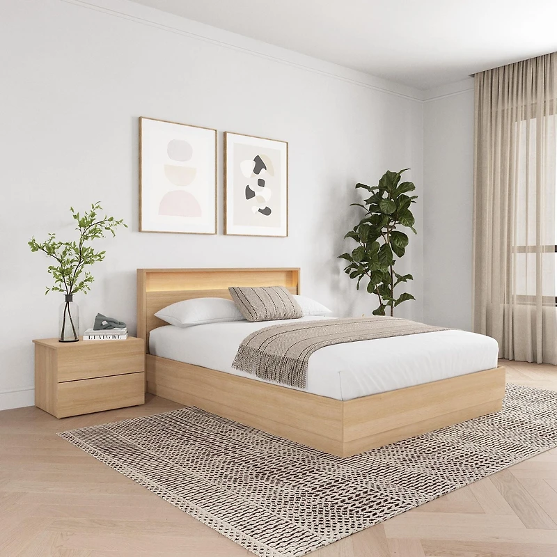 Ensemble de chambre à coucher Hudson 3 pièces avec lit queen size, sommier à lattes, tête de lit avec éclairage intégré et table de chevet
