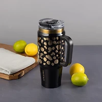 Thyme & Table 32oz Tumbler with Handle, Dual Straw Lid, Stainless Steel Double Wall Insulated, Black & Gold Dot