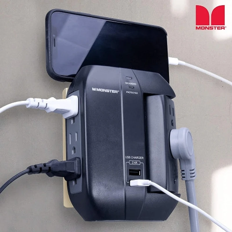 Monster Swivel Wall Tap with 6 Outlets and 2 USB Ports - English/French