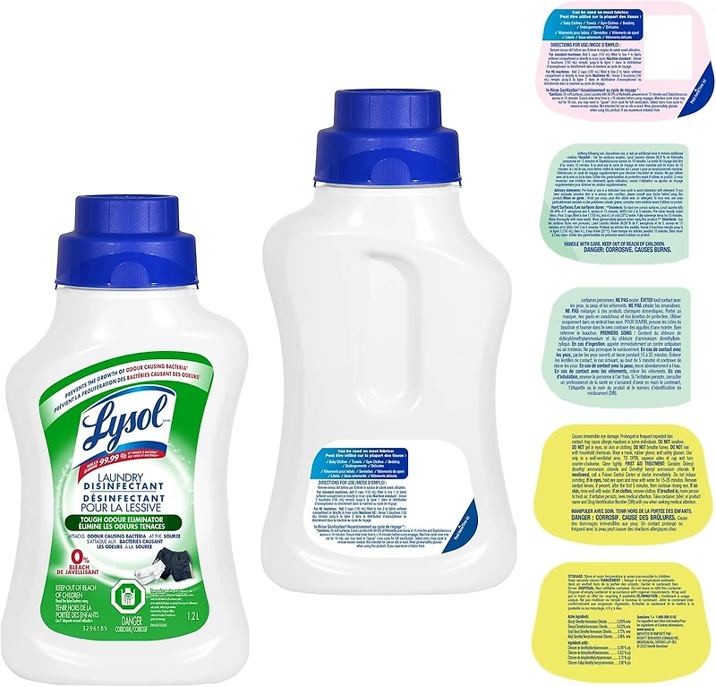 Lysol Désinfectant pour lessive, éliminateur d'odeurs, 0 % d'eau de Javel, élimine les germes que les détergents peuvent laisser derrière eux, 1.2 l