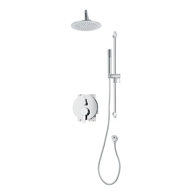 Robinet de douche chrome à pression équilibrée à inverseur 3 voies rond d'akuaplus®, douchette à main sur mât, tête de douche