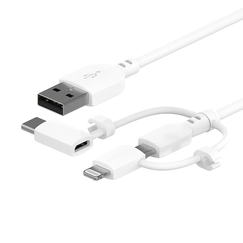 Câble de charge et de synchronisation à trois embouts de 1,8 m (6 pi) avec connecteurs Micro-USB, Lightning et USB-C de Onn.