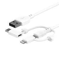 Câble de charge et de synchronisation à trois embouts de 1,8 m (6 pi) avec connecteurs Micro-USB, Lightning et USB-C de Onn.