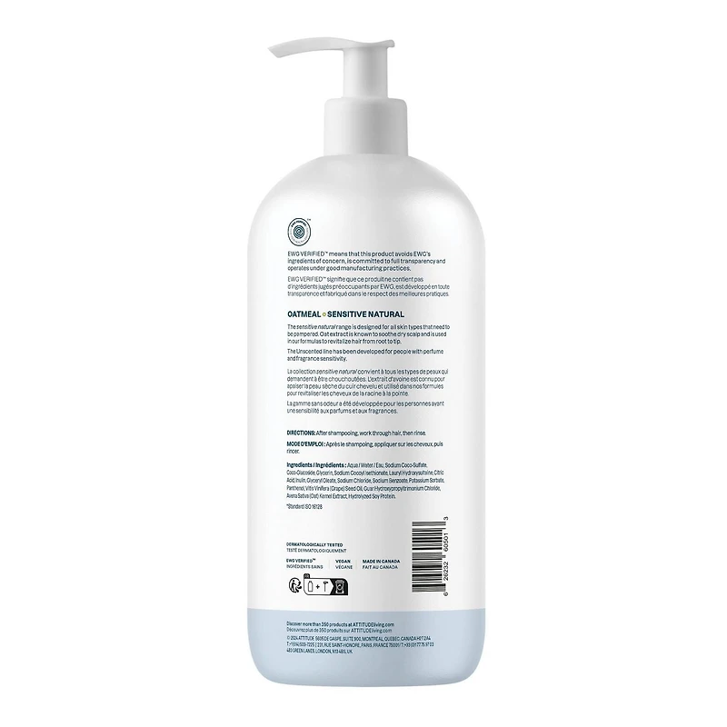 ATTITUDE oatmeal sensitive natural, Volume & Shine Shampoo, Oat & Soy Protein, Unscented, 946 mL