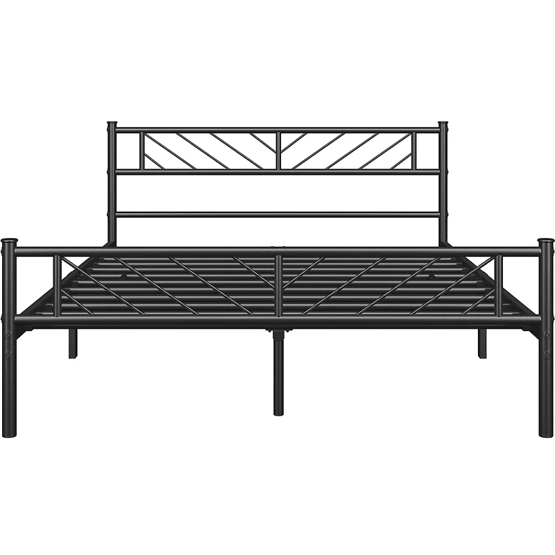 Fullfurnique Minimalist Metal Platform Bed with Arrow Design Headboard for Adults, Queen, Black