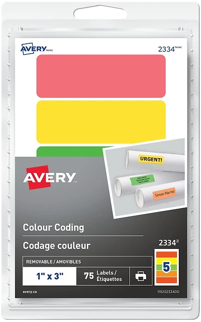 Avery Removable Rectangular Colour Coding Labels for Laser or Inkjet Printers, 1" x 3" - 2334