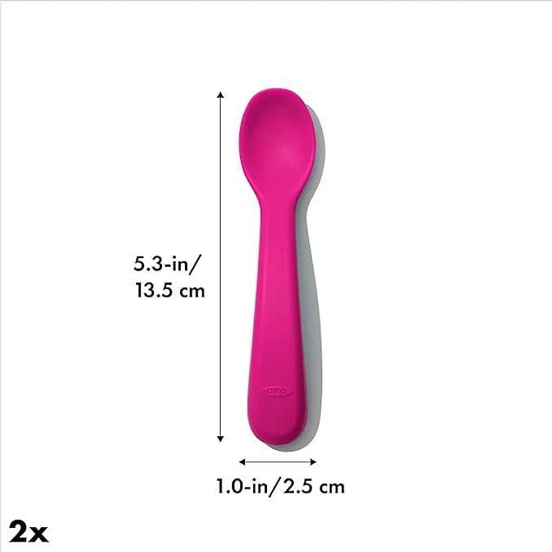 OXO Tot - Silicone Spoons - Encourage Self-Feeding - Easy for Little Ones to Hold - Baby Toddler Feeding Utensils - Pink - 2-Pack