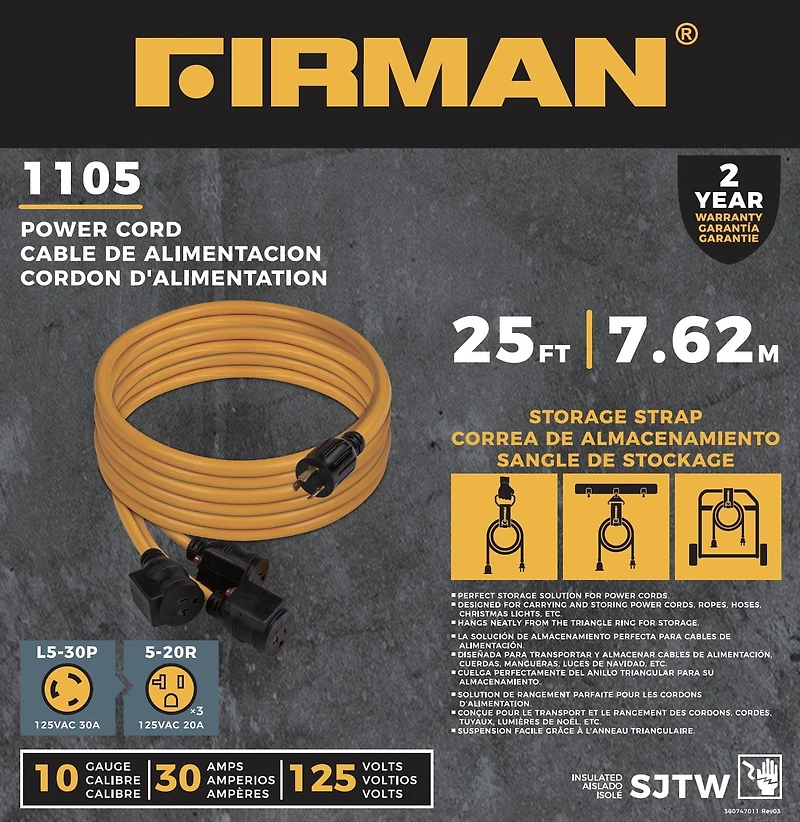 Firman 25FT Cordon d'alimentation L5-30P 30AMP à 5-20Rx3 avec protection de disjoncteur 1105