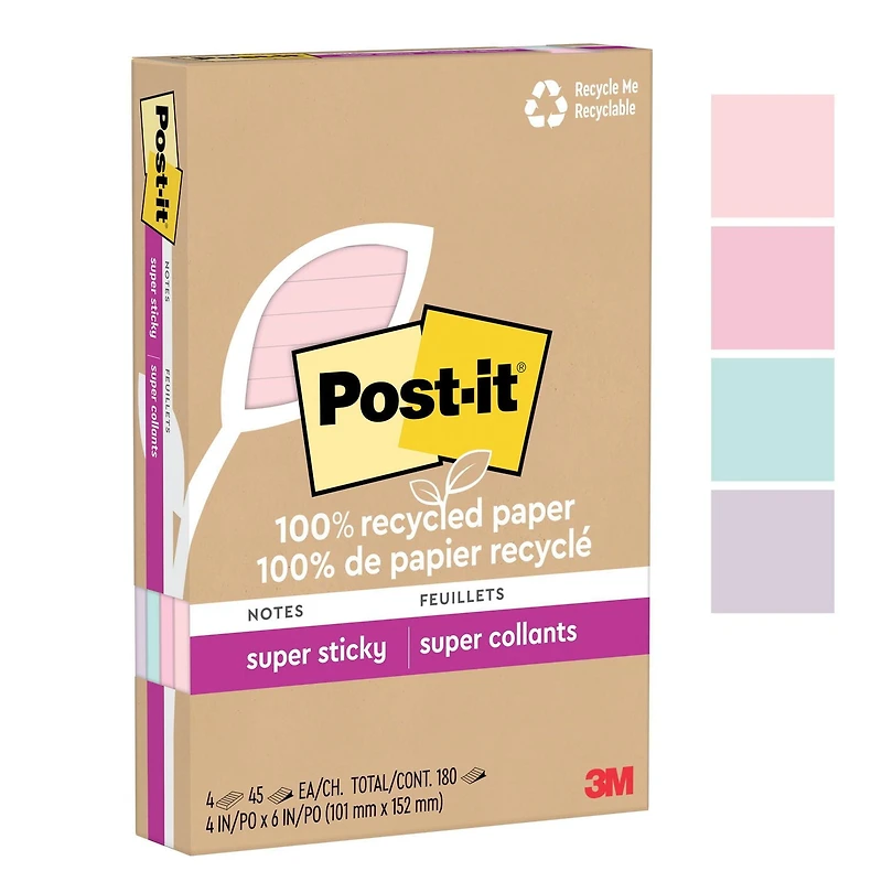 Post-it® 100% Recycled Paper Super Sticky Notes 4621R-4SSNRP, Wanderlust Pastels Collection, Lined, 4 in x 6 in, 4 Pads/Pack, 45 Sheets/Pad, Super Sticky Notes