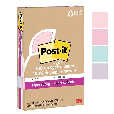 Feuillets super collants 4621R-4SSNRP Post-it® entièrement faits de papier recyclé, collection La vie en pastel, 4 po x 6 po, 4 blocs/paquet, 45 feuillets/bloc Feuillets super collants