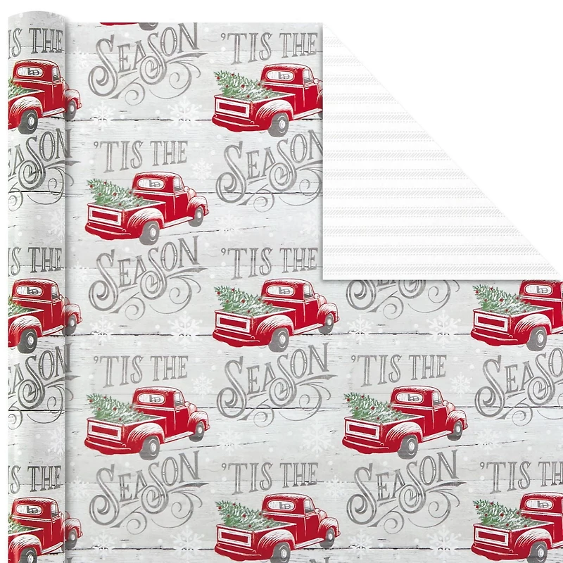 Paquet de papier d'emballage Hallmark des fêtes, motif rustique de Noël (Paquet de 3, 120 pieds carrés au total), motif écossais, ferme, camionnette rouge, orignal, paysage boisé
