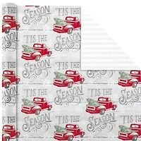 Paquet de papier d'emballage Hallmark des fêtes, motif rustique de Noël (Paquet de 3, 120 pieds carrés au total), motif écossais, ferme, camionnette rouge, orignal, paysage boisé