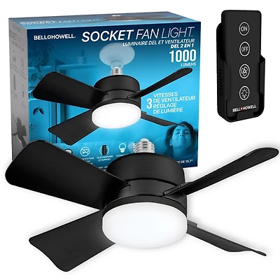 Bell + Howell Socket Fan Light 2-in-1 LED Ceiling Fan with Remote Control, Socket Fan Light