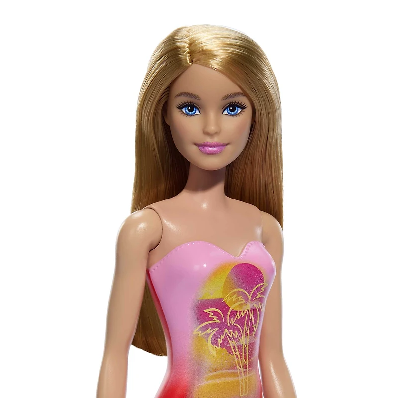 Beach Barbie Doll with Blond Hair Wearing Pink Palm Tree-Print One-Piece Swimsuit