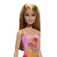 Beach Barbie Doll with Blond Hair Wearing Pink Palm Tree-Print One-Piece Swimsuit