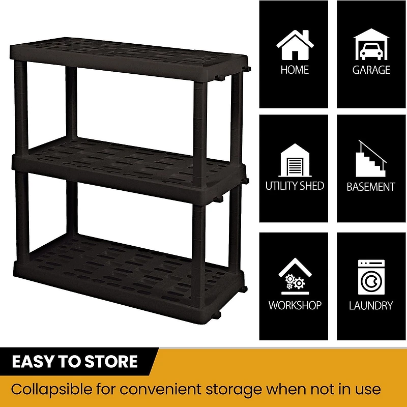 Étagère de rangement de garage en plastique ultra-résistant, étagère robuste à 3 niveaux, 96 cm (H) x 46 cm (P) x 91 cm (L), noire, 204 kg