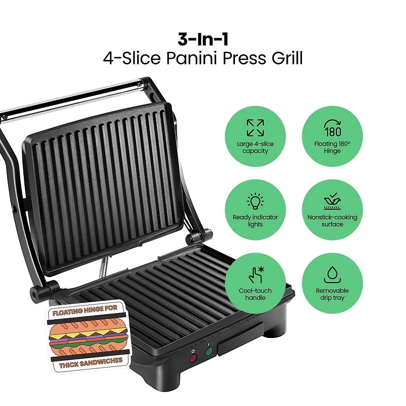 Chefman 3-in-1 Panini Press & Grill, 4-Slice Non-Stick, Opens Flat - Stainless Steel, New