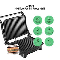 Chefman 3-in-1 Panini Press & Grill, 4-Slice Non-Stick, Opens Flat - Stainless Steel, New