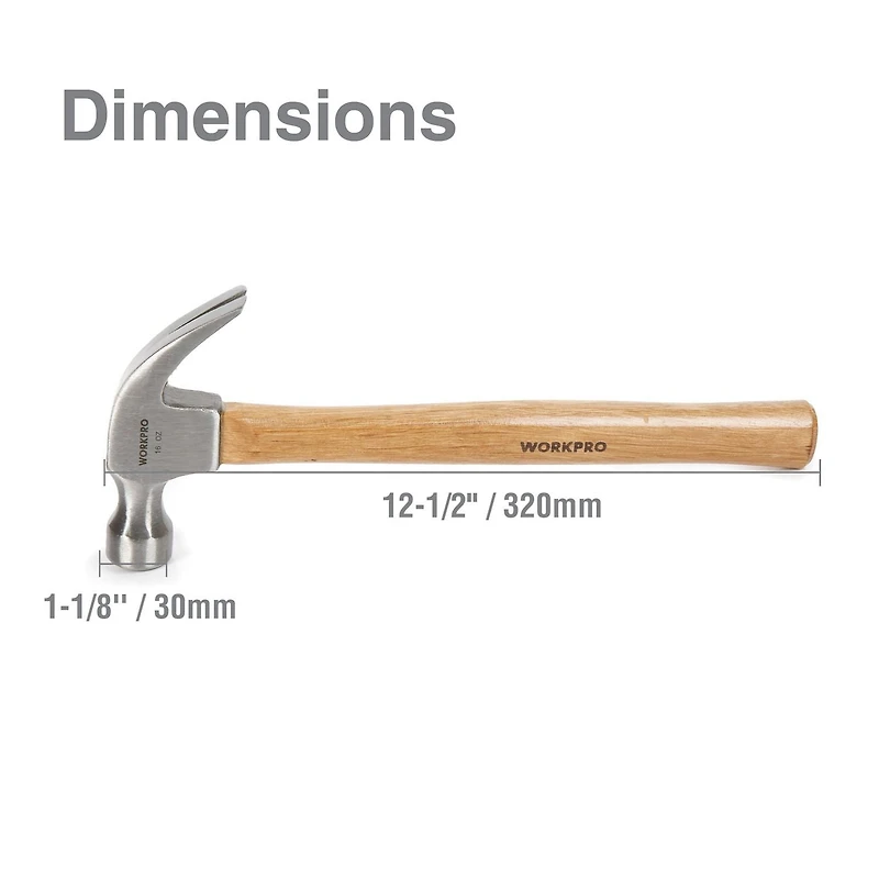 WorkPro 16 Oz Wooden Claw Hammer, Wood Handle