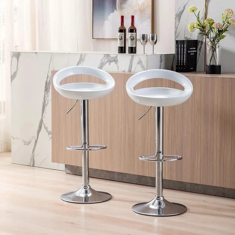 Heavenly Collection White Round Stool, White Adjustable Stool, White Plastic Stool, White Shiny Stool with Stainless Steel Base, White Low Back Stool with Footrest, Plastic Stool, Kitchen Stool, Islan