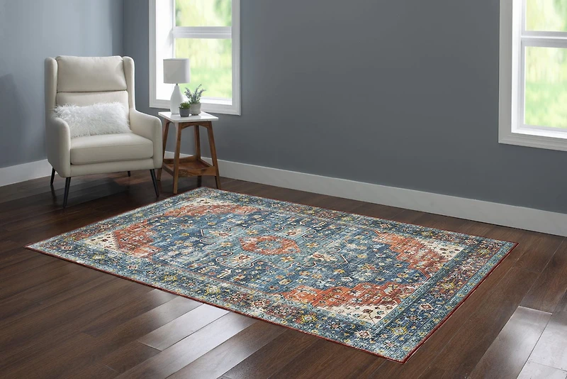 Markum 5' x 7' Washable Area Rug, Teal and Rust
