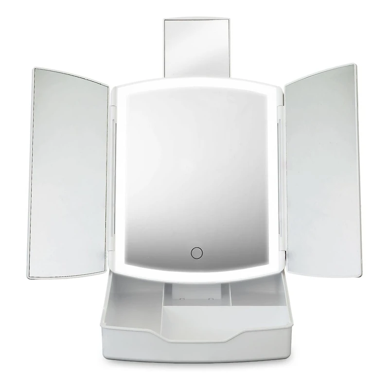 Portable Tri-Fold LED Mirror - Lighted Vanity Mirror with Storage Tray