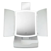 Portable Tri-Fold LED Mirror - Lighted Vanity Mirror with Storage Tray