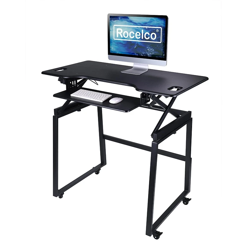 Rocelco 46 "Bureau debout mobile de grande taille réglable en hauteur BUNDLE - Montant pour moniteur double assis-debout roulant - Station de travail assistée par ressort à gaz - Plateau pour clavier