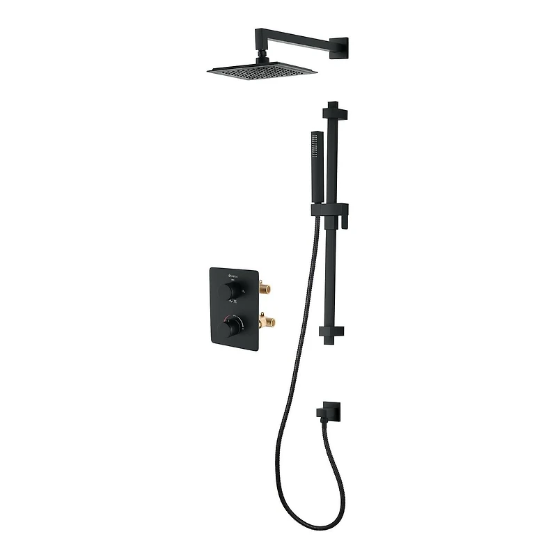 Square 3-functions thermostatic valve. handheld handshower and shower head, or simultaneously,  matte black finish