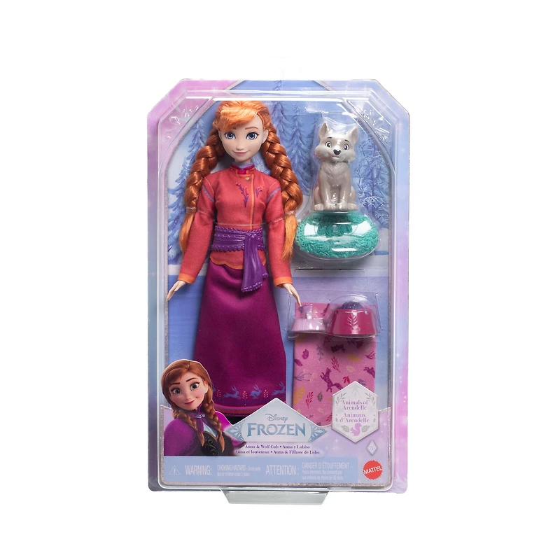 Disney Frozen Anna Fashion Doll & Wolf Cub Figure with 4 Nurturing Accessories Inspired by Movie
