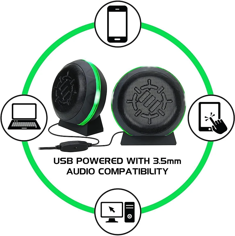 Enhance SL2 USB Gaming Computer Speakers for Monitor with LED Green Light, 3.5mm Wired Connection and in-Line Volume Control - 2.0 Stereo Sound System for Gaming Laptop, Desktop, PC Computers
