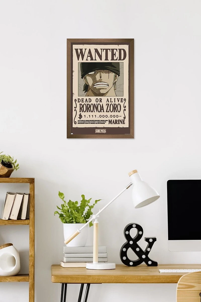 One Piece - Roronoa Zoro Wanted Poster Wall Poster, 14.725" x 22.375" Framed