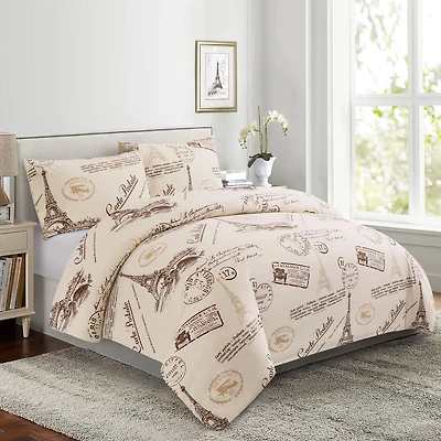 Literie Marina Décoration ultra douce et soyeuse en rayonne de bambou, imprimée toutes saisons, avec taie d'oreiller, motif Tour Eiffel ivoire