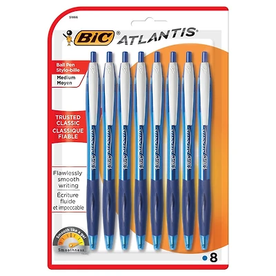 Stylo-bille rétractable BIC Atlantis Original, pointe moyenne, noir, lot de 8, L’original : apparence classique, touche classique Lot de 8