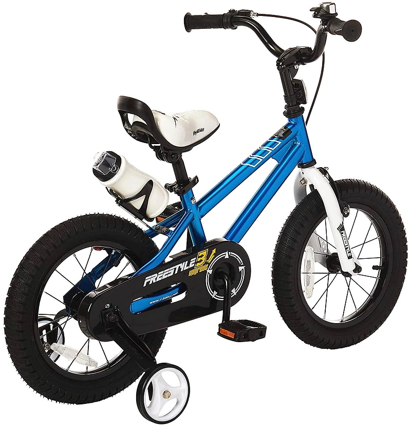 Vélo enfant RoyalBaby Freestyle 14 pouces pour fille et garçon, couleur bleue, avec frein à rétropédalage et frein à étrier
