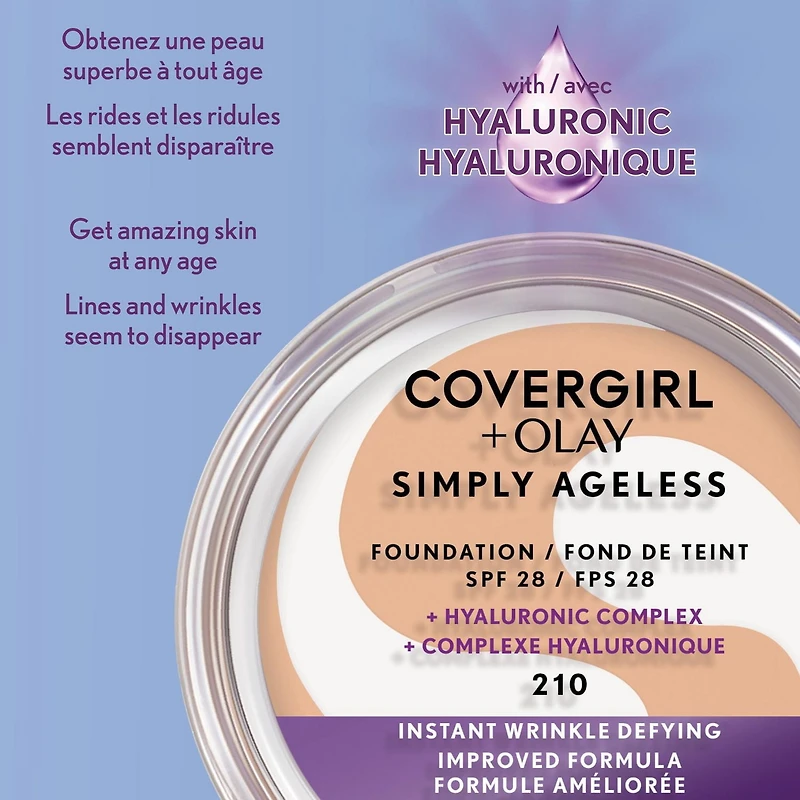 COVERGIRL Fond de teint Simply Ageless Instant Wrinkle Defying avec complexe hyaluronique, vitamine C et niacinamide - SPF 28, 100% Sans Cruauté Fonds de teint avec Complexe Hyaluronique