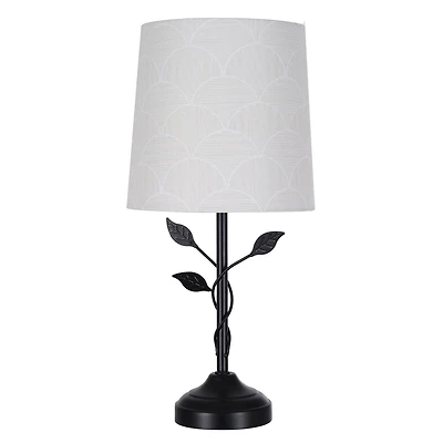 Lampe de table en métal au fini noir mat de 39,4 cm de Home Trends avec détails de feuilles et abat-jour en tissu à motifs couleur crème
