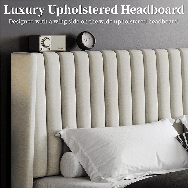Fullfurnique Upholstered Bed Frame with Wing Side and Channel Headboard, King, Ivory