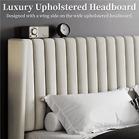 Fullfurnique Upholstered Bed Frame with Wing Side and Channel Headboard, King, Ivory