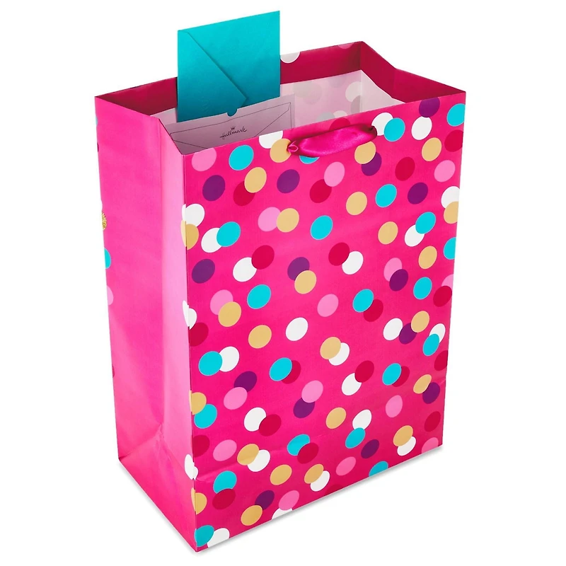 Très grand sac-cadeau Hallmark de 20 po (sarcelle, blanc, rose et or à pois scintillants sur rose) pour les fêtes, la fête des Mères, Pâques, les showers de mariage, les showers de bébé
