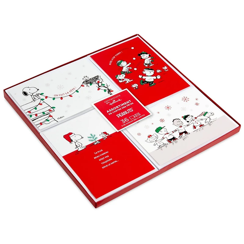 Boîte de cartes en français de Noël, Connections from Hallmark, la bande Peanuts, paquet de 36 cartes