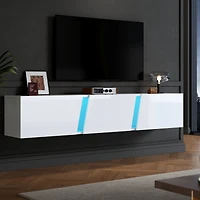 Meuble télé mural bas Noble House 64,9 pouces, éclairage DEL et 3 portes pour téléviseur 65 pouces, blanc