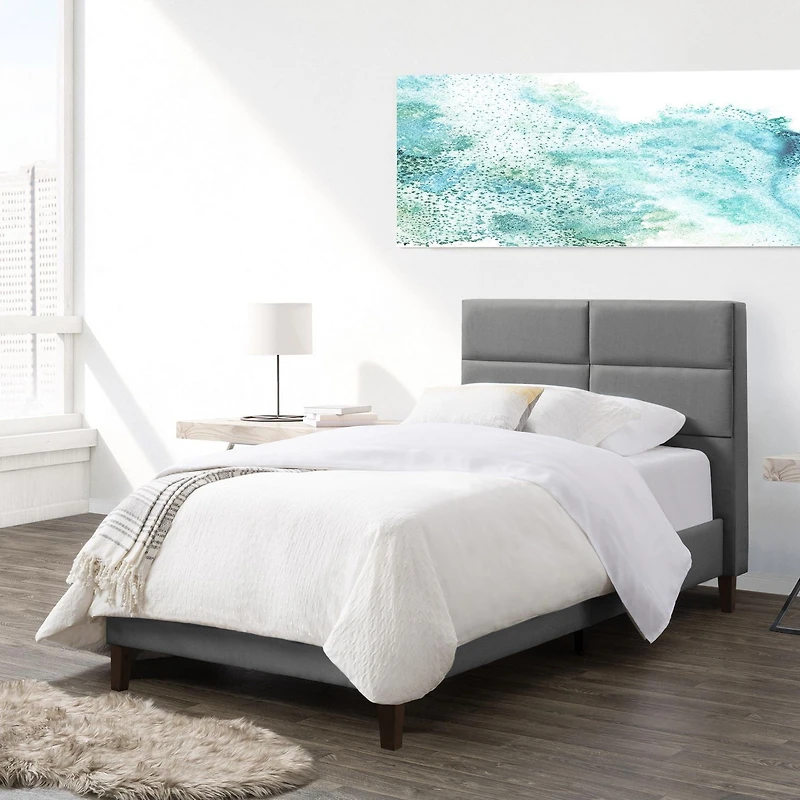 CorLiving Bellevue Adult Twin Upholstered Bed Frame with Wide-Rectangle Tufted Headboard and Slats - No Box Spring Required