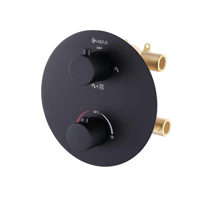 Valve thermostatique ronde avec déviateur d'akuaplus® à 3 voies (2 voies + combo), avec plaque et poignée décorative en laiton solide.
